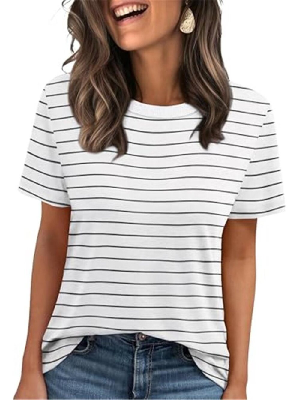 Women's White & Black Striped Ribbed Trim Crewneck Short Sleeve Basic Tee
